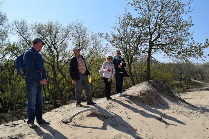 Four people on sand dunes
