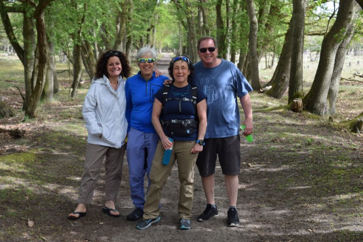 Four people on a forest path